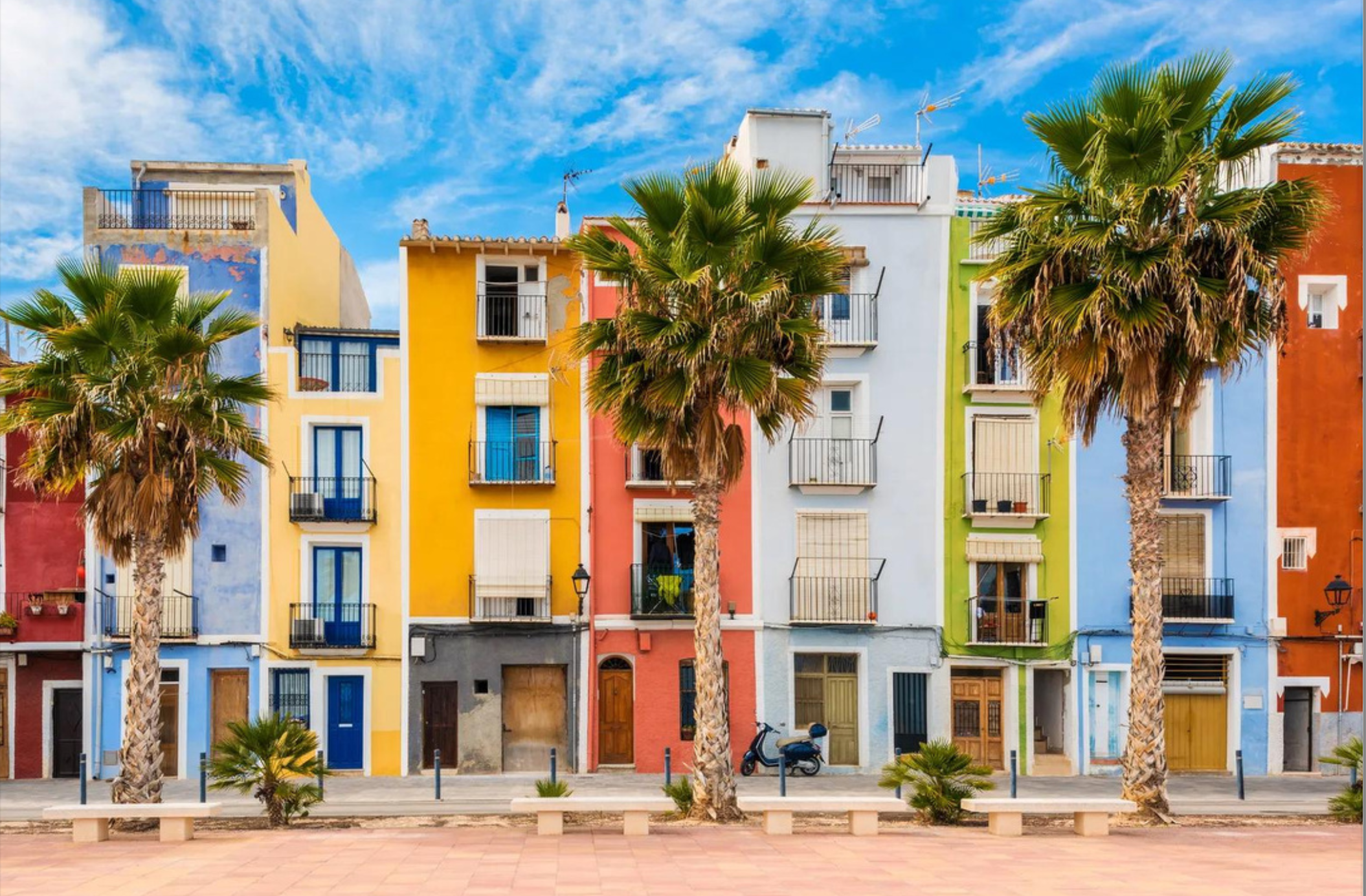 Zomerse gekleurde huizen met palmbomen voor de deur en een blauwe lucht.